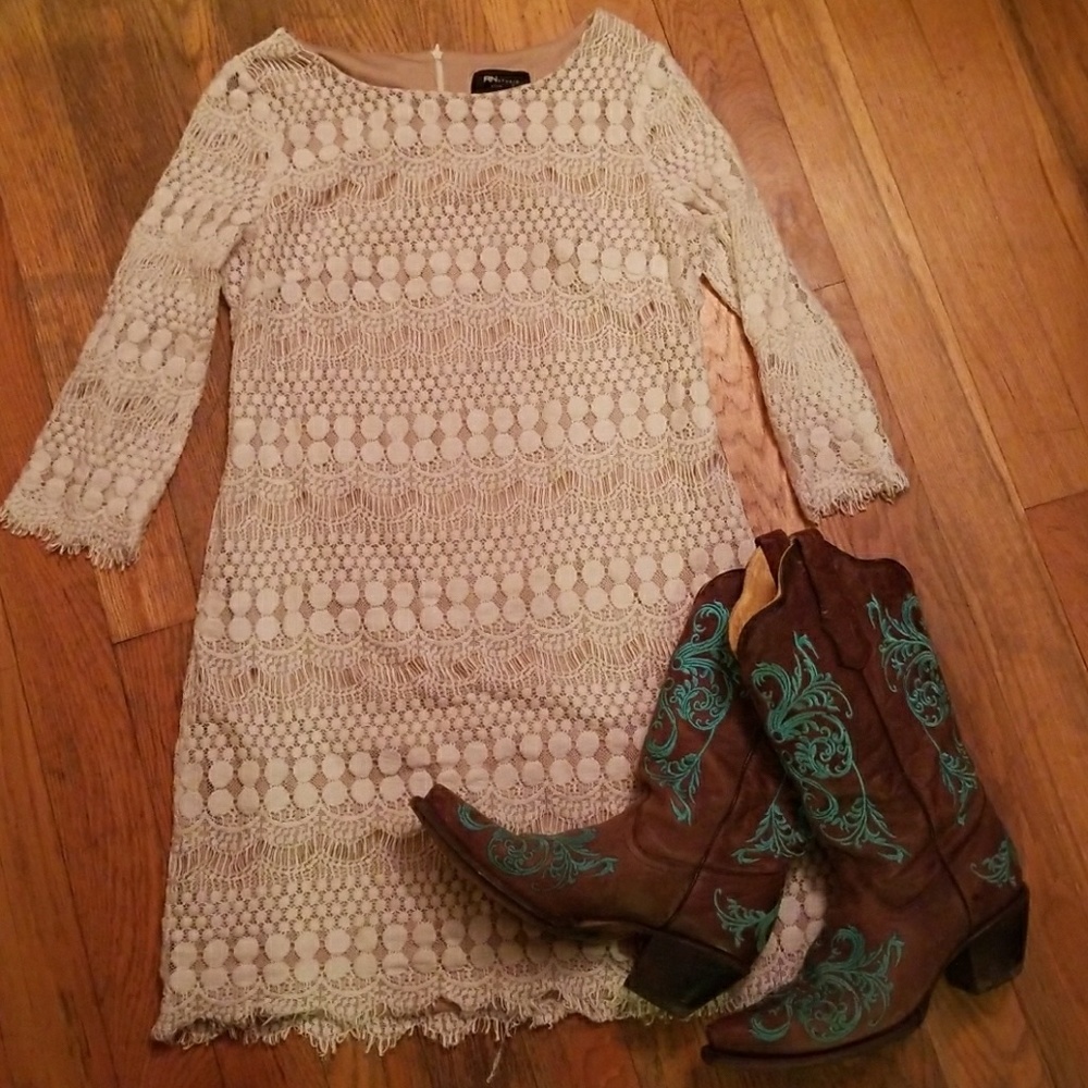 ONLY WORN ONCE - White & Nude Lace Sheath Dress
